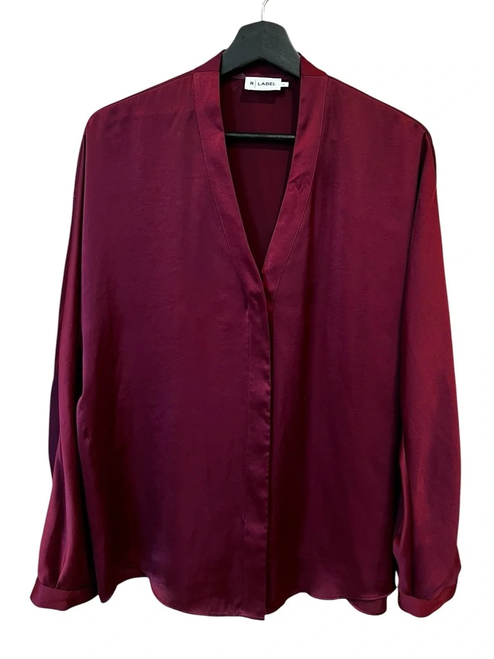 Reset R Label Satin Button Front Tunic Blouse Currant Maroon Size Small Office